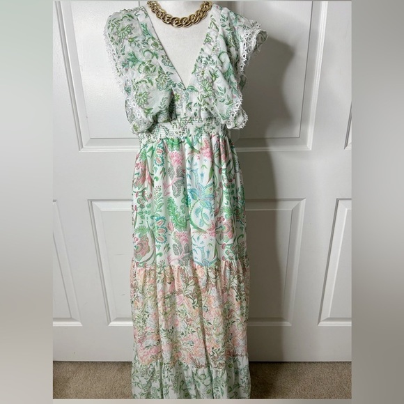 New House of Harlow Patchwork Floral Print V Neck Tiered Maxi Dress🌸 Large NWOT - Picture 4 of 14